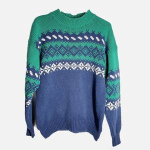 Vintage Gap 90s Blue Green Snowflake Nordic Cotton Sweater Sz M Fair Isle Chunky